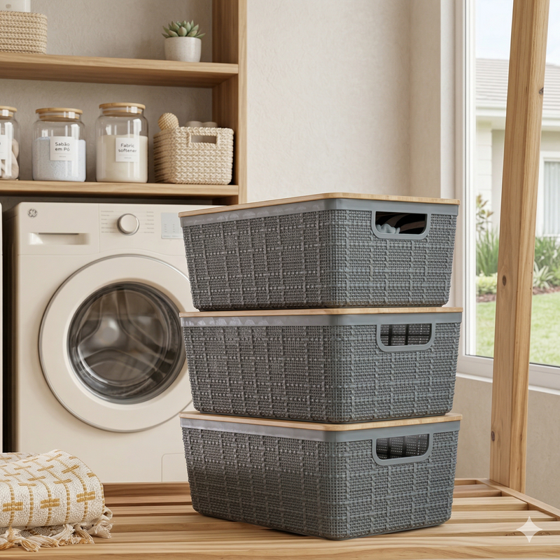 Kit 3 Caixas Organizadoras Tampa Bambu